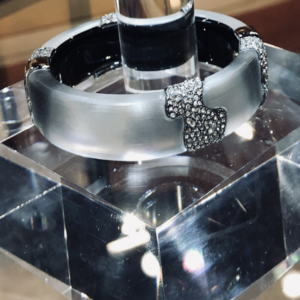 Asymmetrical Grey Lucite hinge inlay bracelet.  Alexis Bittar.