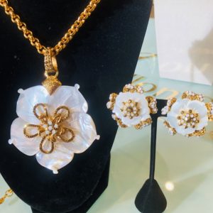 Mother-of-Pearl  Large Flower Pendant with 24 K gold-plated chain