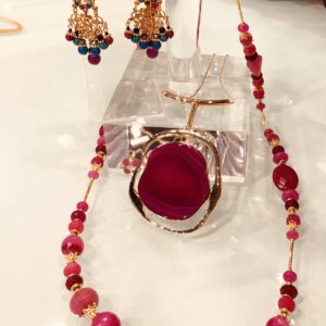 Pink Fantasy. Pink Agate pendant framed in 18K yellow plated gold.  15 ‘ long.