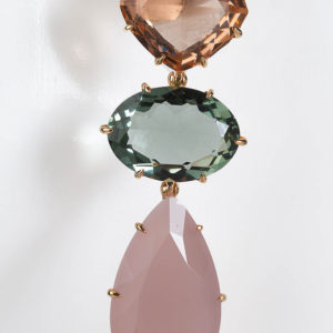 Three stone pear drop pink quartz. Kunzai, and green Amethyst earrings. Gold post.