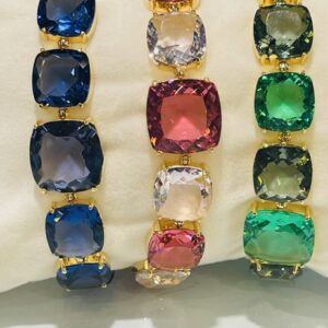 Single Row Gemstone Cushion Link Bracelet (Available in Red, Blue, Green)