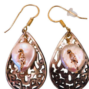 Baroque Pearl Drop Earrings with Gold Bird Accents
