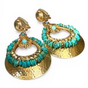 Textured Gold Turquoise Hammered Disc Clip-On Earrings
