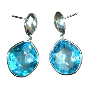 Sky Blue Topaz Faceted Cushion Drop Earrings
