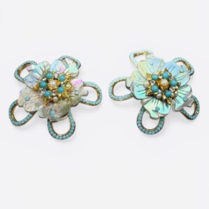 Black Mother of Pearl Carved Flower Turquoise Bead Earrings