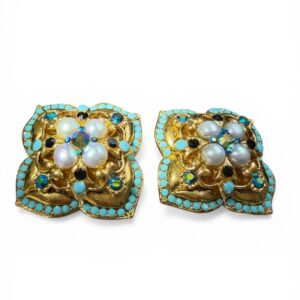 Pearl & Turquoise Beaded Quadfoil Statement Earrings